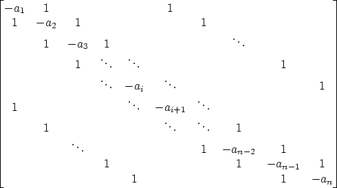 \begin{figure}\begin{align*}
\begin{bmatrix}
-a_1 & 1 & & & & 1 & & & & \\
1 &...
...1}& 1 \\
& & & & 1 & & & & 1 & -a_n \\
\end{bmatrix}\end{align*}
\end{figure}